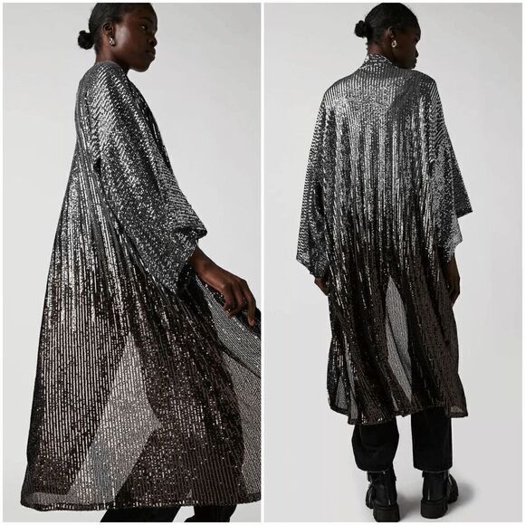 Free People Party On Sequin Kimono Jacket Duster - Silver - Picture 1 of 4